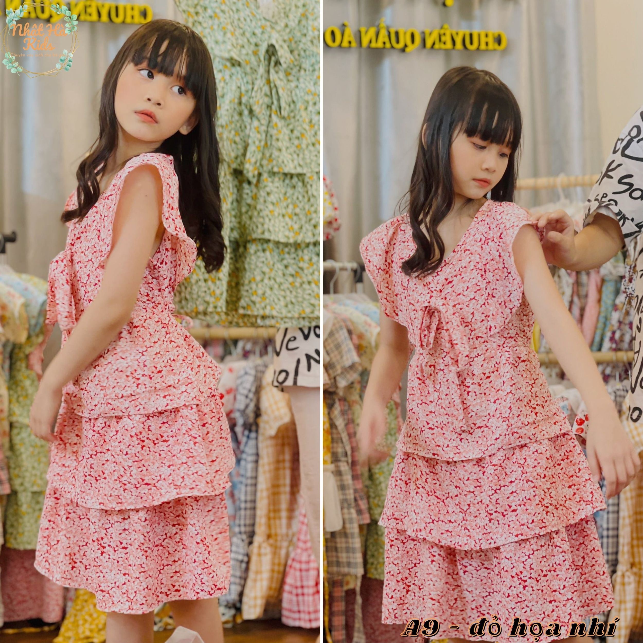 Váy cho bé gái a9 hoa nhí 3 lớp đủ size cho bé từ 14 - 40kg chất liệu lụa  tay cánh tiên