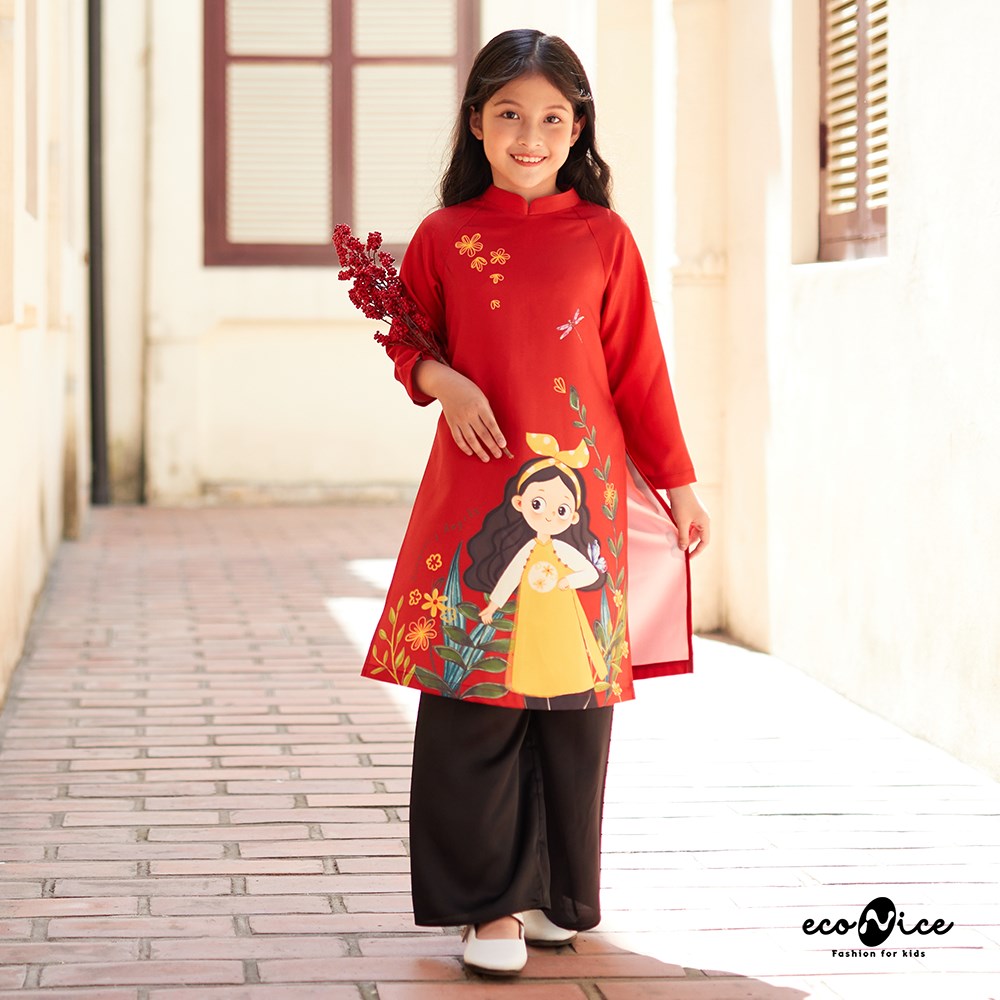 Áo dài tết cách tân màu đỏ cho bé gái bé trai Econice AD023 AD024 Size váy  trẻ em 3 4 5 6 7 8 9 10 11 12 tuổi  MixASale