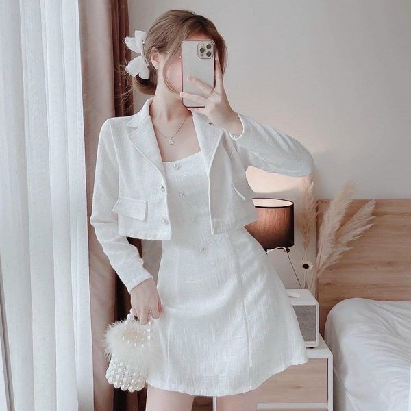set váy dạ tweed trắng tiểu thư áo khoác dạ tweed kèm chân váy dạ chữ a dự  tiệc sét dạ tweed trắng  Shopee Việt Nam